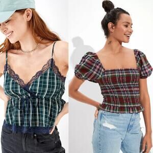 NWT American Eagle Smocked Puff-Sleeve Blouse & Prettiest Lace Trim Cami SET XL